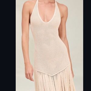 DEVON WINDSOR Cream Crochet Halter Fringe Midi Dress